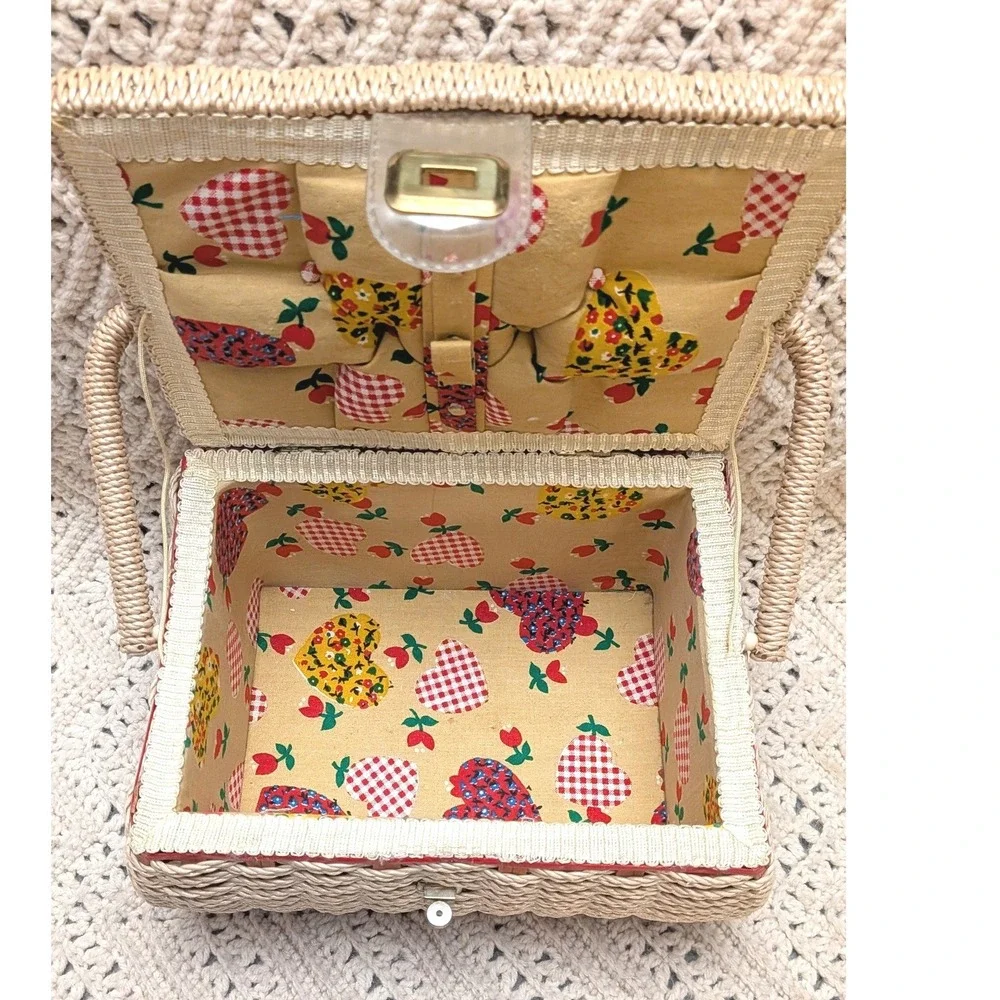 Vintage Wicker Sewing Basket Fun Retro Heart Print Padded Lid Craft Storage